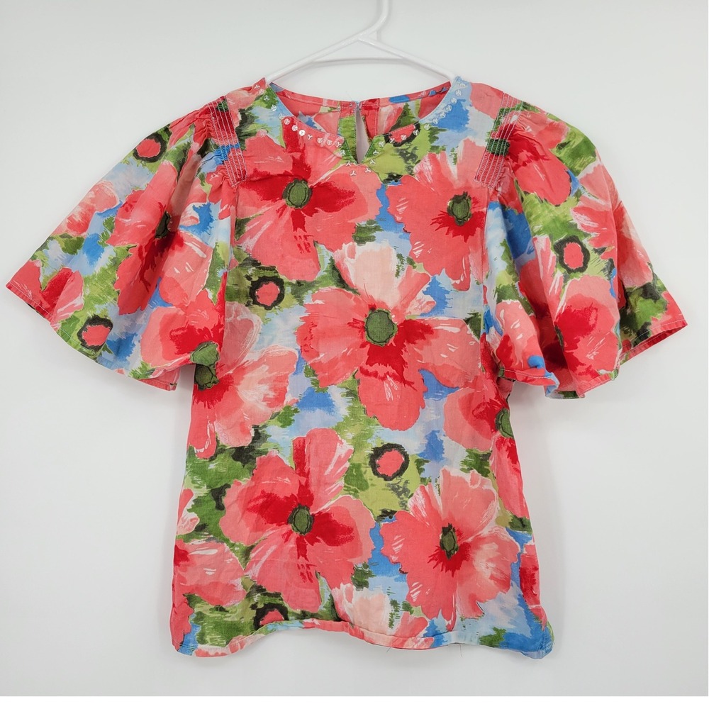 Gymboree Floral Flutter Sleeve Top Girls Size 9 Red Blue Cotton Sequin Smocked